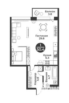 1-к квартира, строящийся дом, 50м2, 9/9 этаж