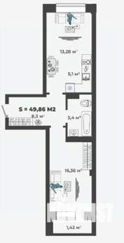 1-к квартира, строящийся дом, 50м2, 2/13 этаж